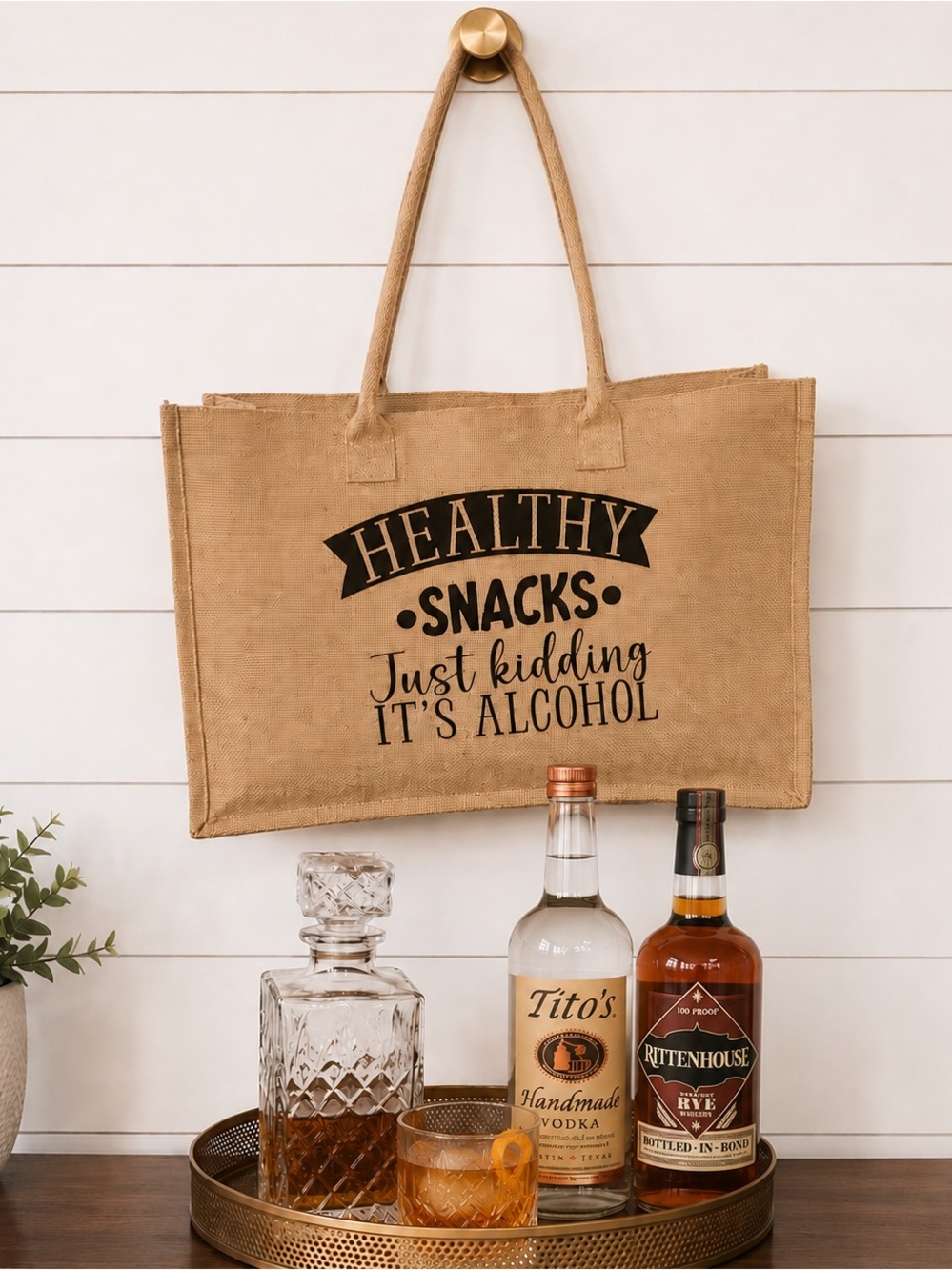 🍷🥃🍸 “Healthy Snacks… Just Kidding It’s Alcohol” Tote Bag | Burlap Wine Tote